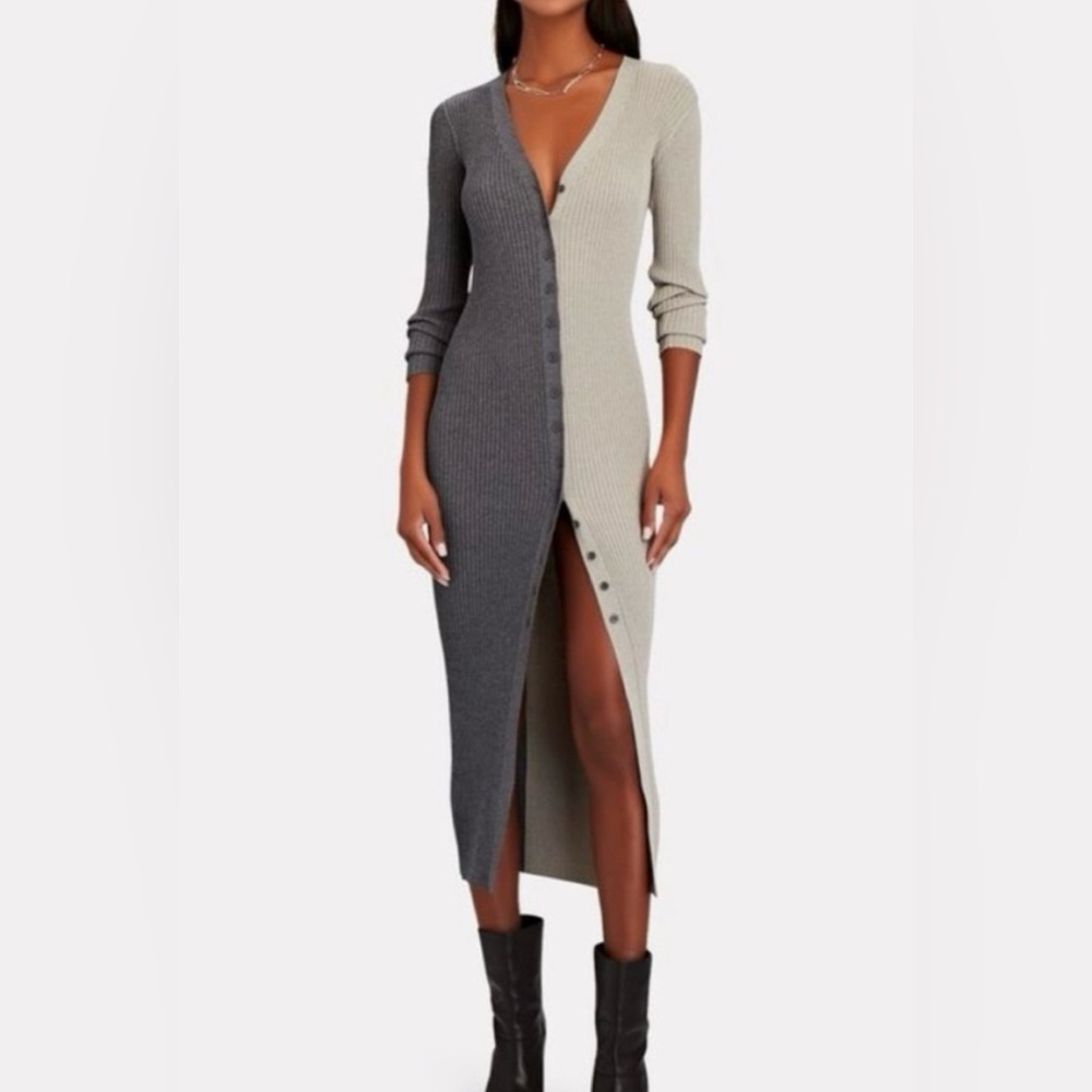 STAUD Gray colorblock Shoko Long Sleeve Knit Dress